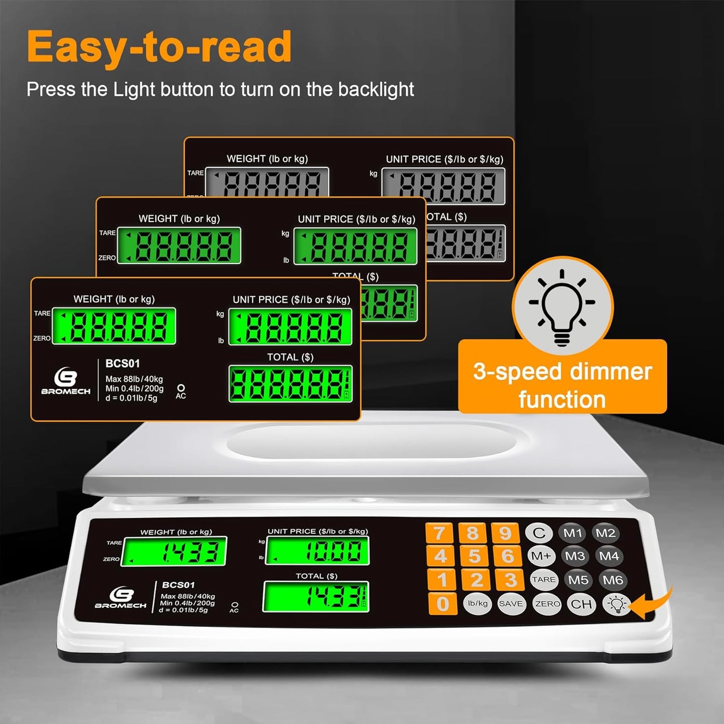Price Computing Scale 88lb/40kg Commercial Food Scale for Produce Meat with Stainless Steel Large Platform, LCD Display, and Green Bright Backlight for Farmers Markets, Deli, （Not for Trade）