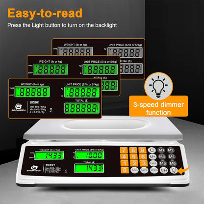Price Computing Scale 88lb/40kg Commercial Food Scale for Produce Meat with Stainless Steel Large Platform, LCD Display, and Green Bright Backlight for Farmers Markets, Deli, （Not for Trade）