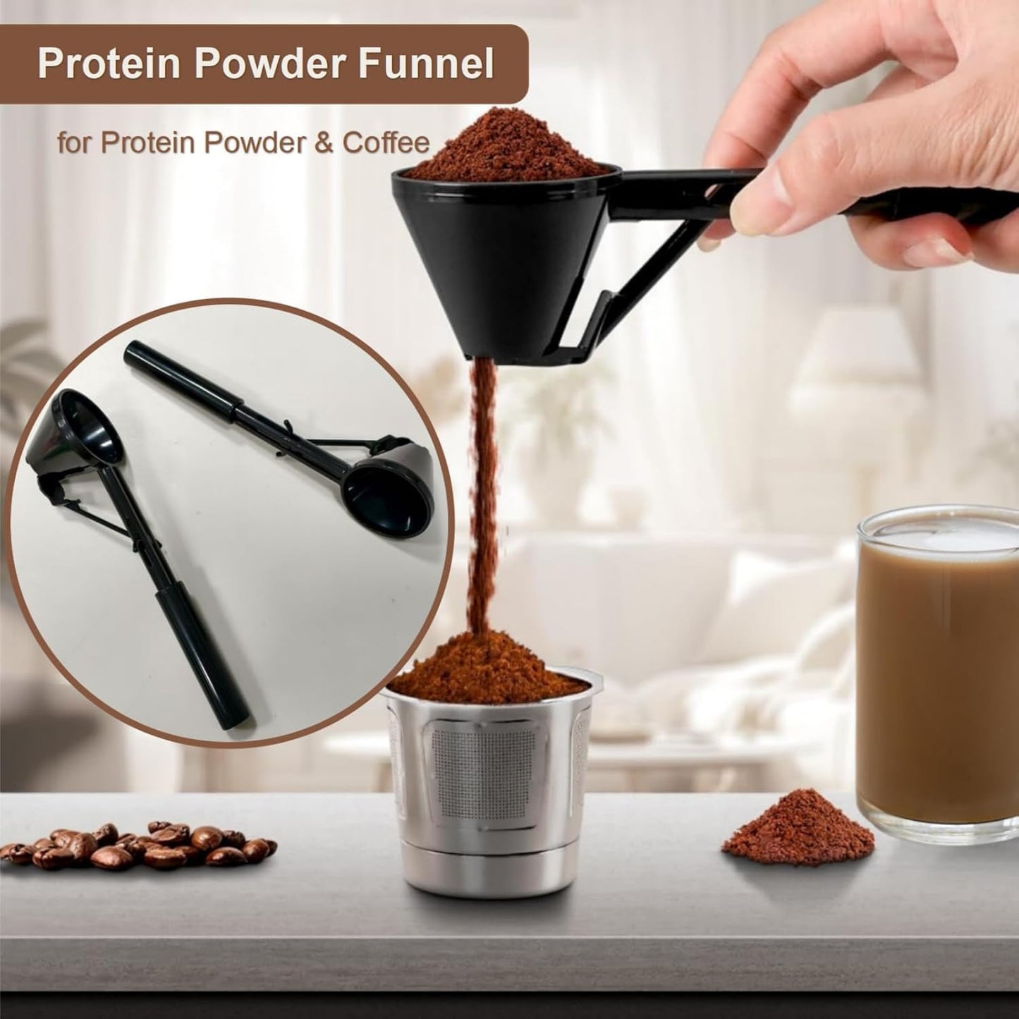 2-in-1 Measuring Scoop with Funnel for Protein Powder, Coffee Grounds, Milk Powder, Water Bottle Filling, Resuable K Cup Coffee Capsule with Coffee Grounds
