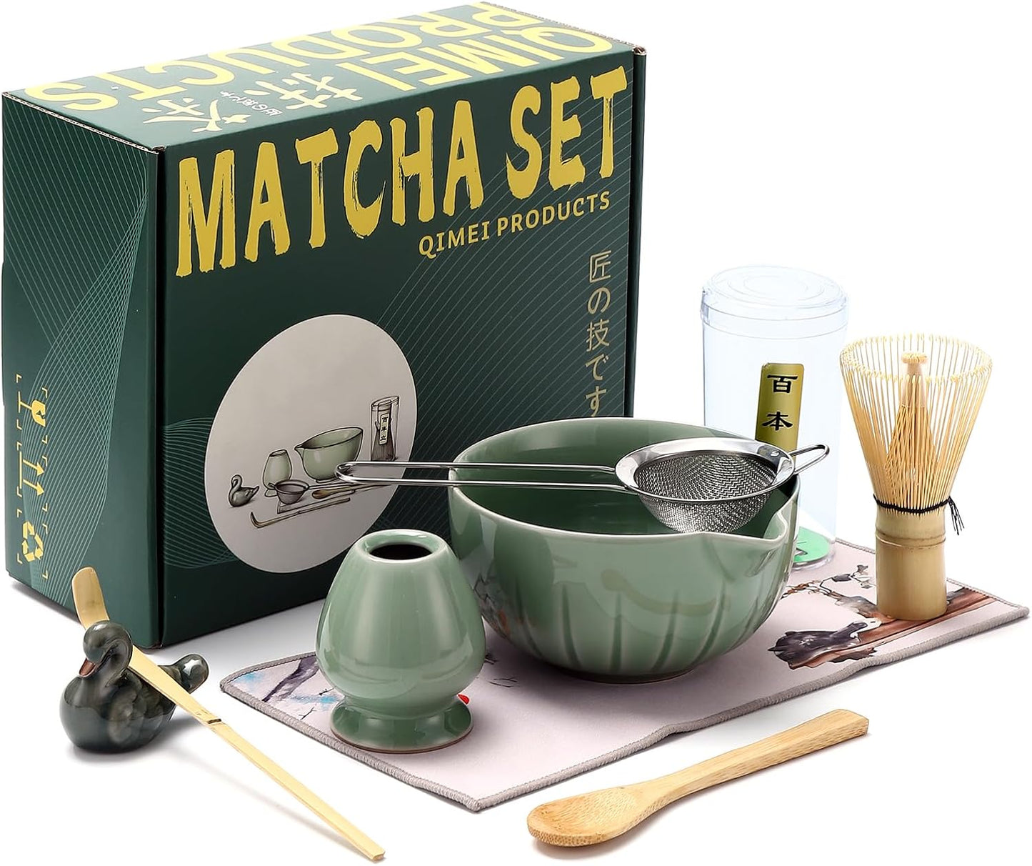 Matcha Ceremony Accessory,temmoku glaze Matcha Whisk, Traditional Scoop (Chashaku), Tea Spoon, Whisk Holder, 1 tea bowl, 1 tea siev, The Perfect Set to Prepare a Traditional Cup of Matcha. (Green)