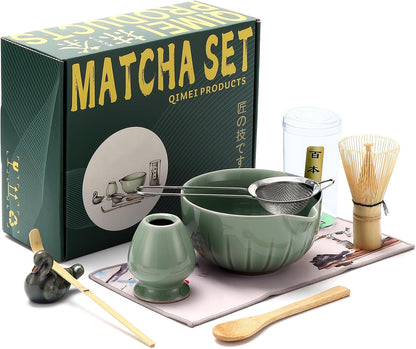 Matcha Ceremony Accessory,temmoku glaze Matcha Whisk, Traditional Scoop (Chashaku), Tea Spoon, Whisk Holder, 1 tea bowl, 1 tea siev, The Perfect Set to Prepare a Traditional Cup of Matcha. (Green)
