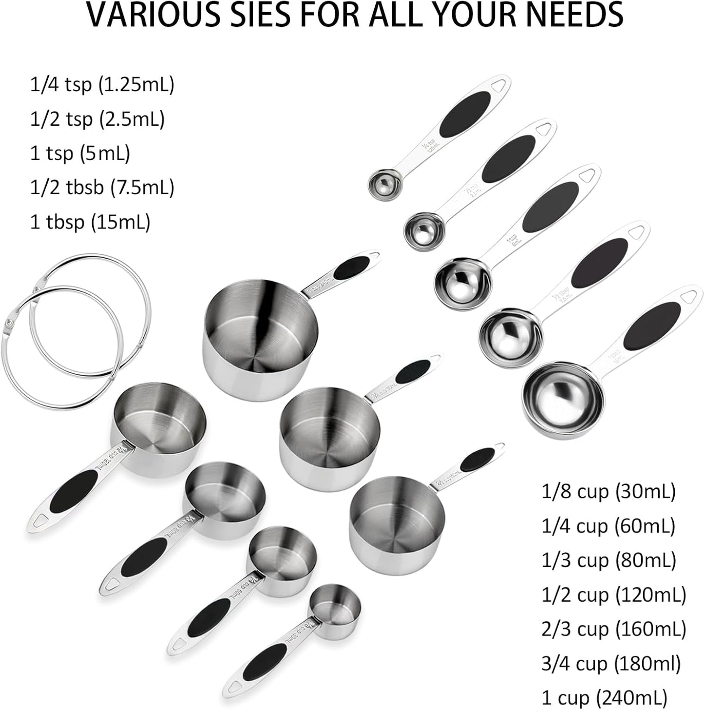 Magnetic Measuring Cups and Spoons Set, 12 Piece Stainless Steel Measuring Cups and Spoons Set, Nesting Kitchen Gadgets with Removable Clasp for Cooking & Baking (Black)