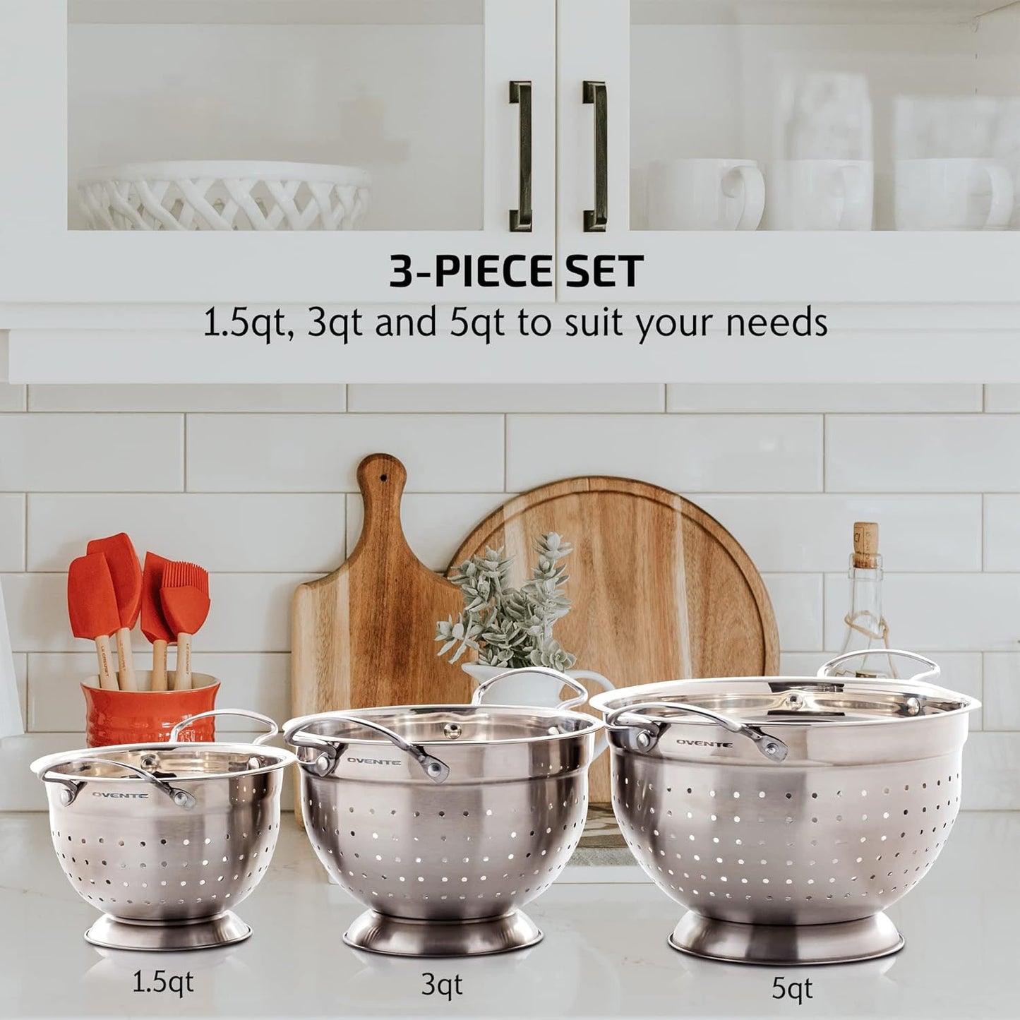 OVENTE Mixing Bowl Set with Lids, 3-Piece Stainless Steel Nesting Bowls for Easy Food Storage, Stackable Design, Kitchen Essential for Baking, Cooking and Prepping, Size 5, 3.5, 1.5QT, Silver BM46333S