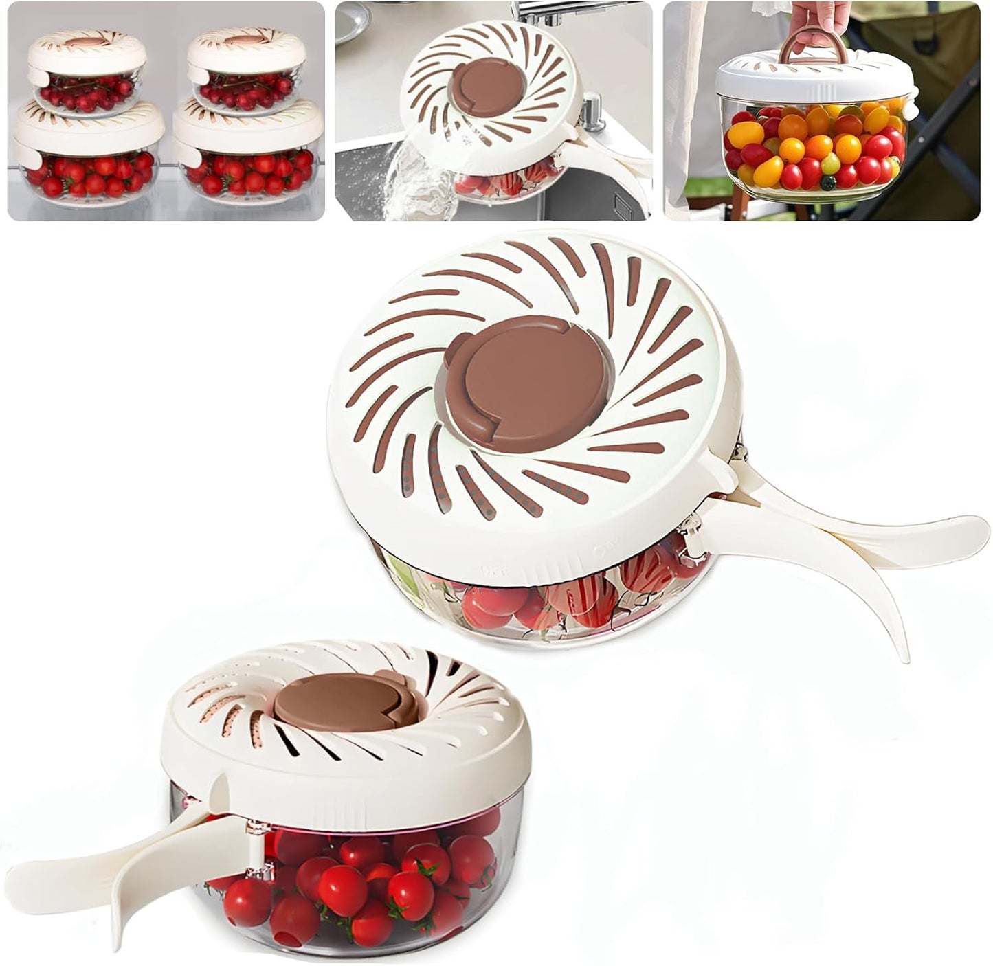 New Upgrade Fruit Washing Bowl with Strainer,3 in 1 Multipurpose Drain Basket with Lid & Ice Box,Foldable Handle Fruit Strainer,Fruit Washer Perfect for Fridge Storage and Outdoor Picnics(1 QT)