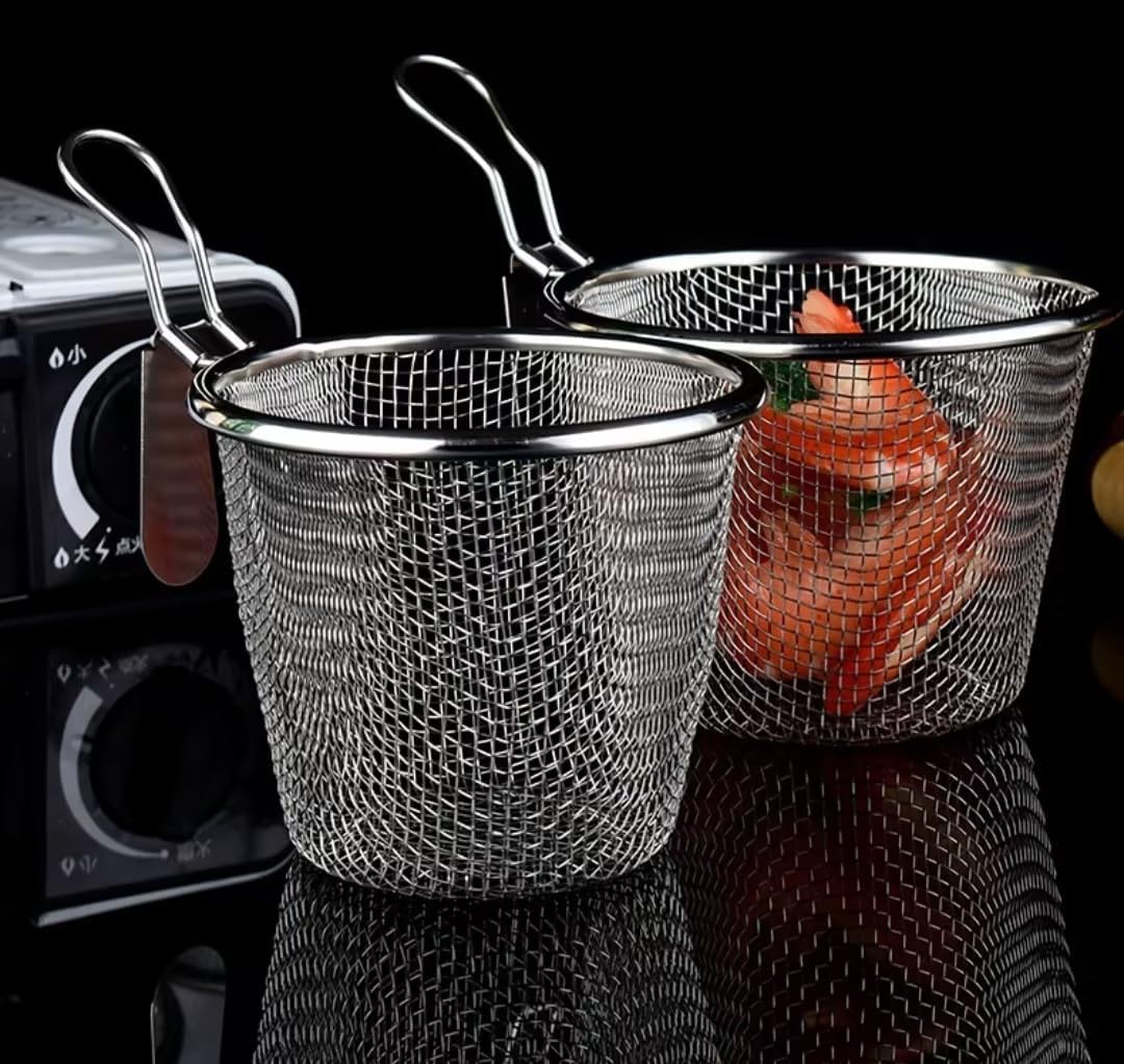 Stainless Steel Pasta Basket, Fine Mesh Strainer with Handle, Mesh Spider Food Dumpling Noodle Strainer Food Strainers (Silver)