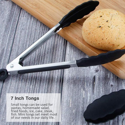 Mini Silicone Serving Tongs Set of 3, Small Kitchen Tongs (7 inch) with Silicone Tips and Stainless Steel Handle, Cooking Tongs for Salads, Pasta, Steaks, Vegetables