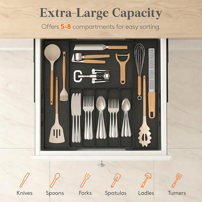 Lifewit Silverware Drawer Organizer, Expandable Utensil Tray for Kitchen, BPA Free Flatware and Cutlery Holder, Adjustable Plastic Storage for Spoons Forks Knives, 4-7 Slots, Black