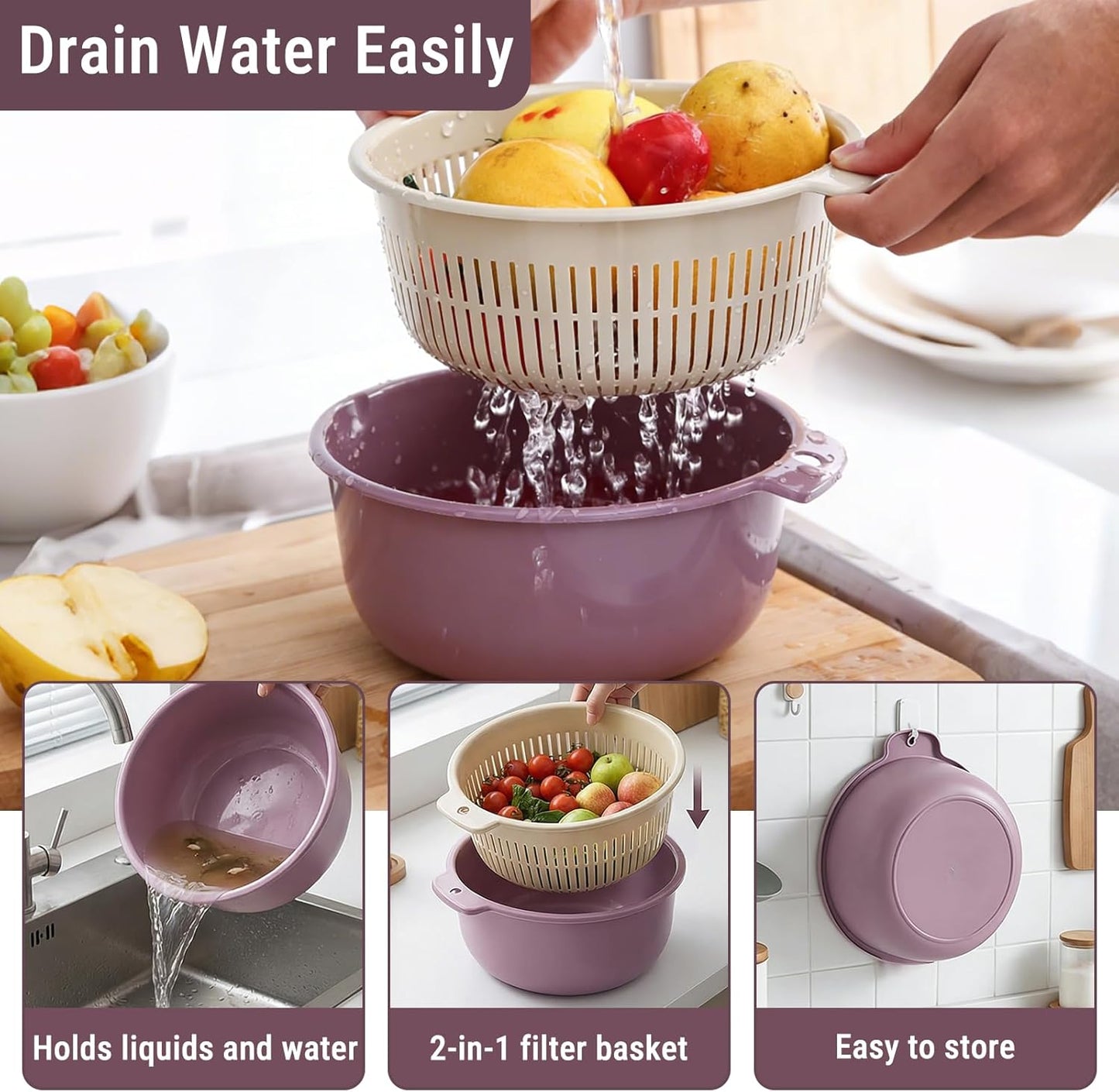 2 in 1 Colander Bowl Set, Detachable Strainer and Serving Bowl Kitchen Fruit Vegetable Washing Drainer for Home Meal Prep and Salad Making (Small 14x7x16cm)