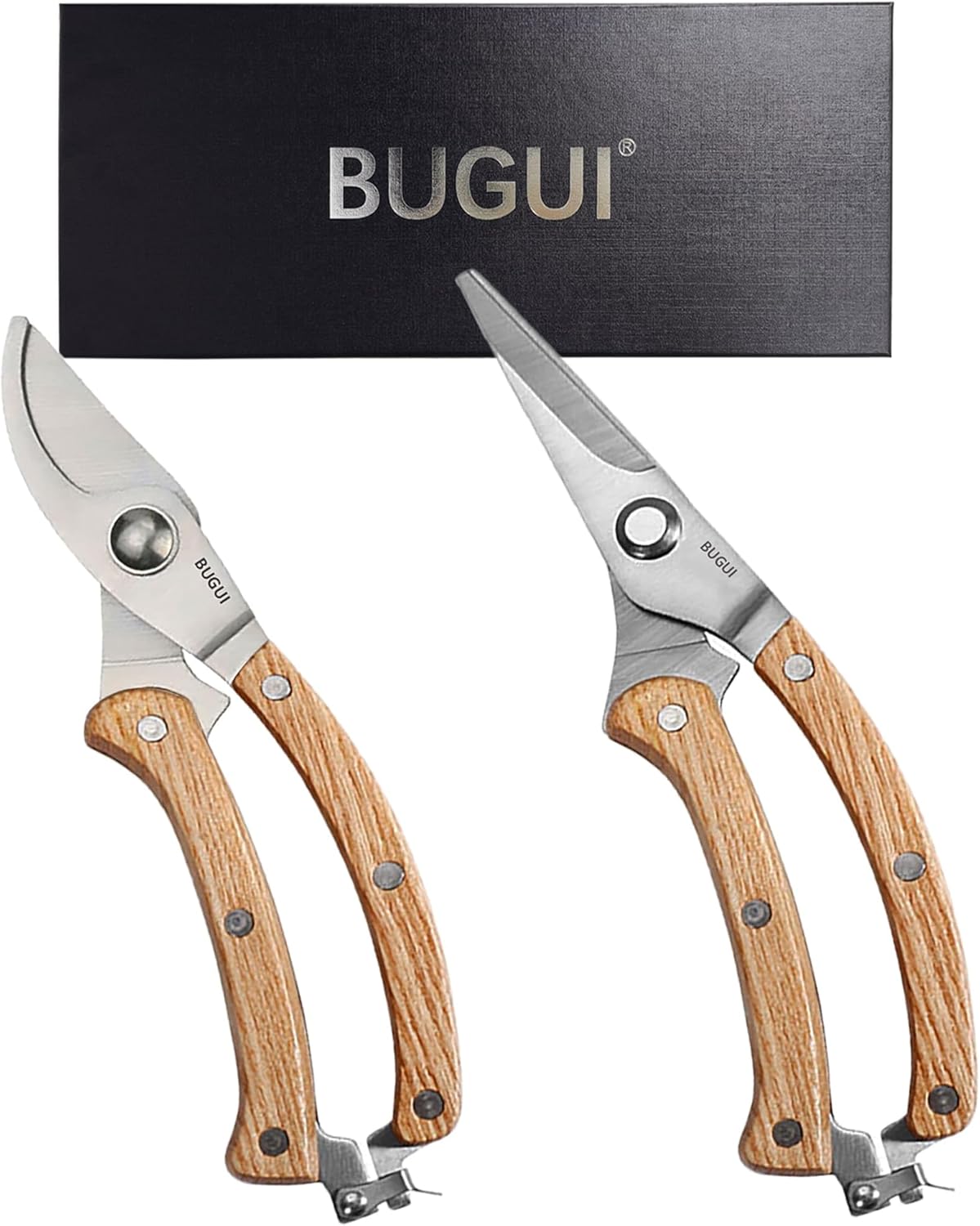 BUGUI Garden Shears Set of 2, Includes 1 Bypass Pruning Shears and 1 Straight Blade Garden Scissors, Sharp, Lightweight