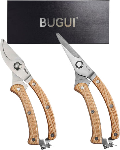 BUGUI Garden Shears Set of 2, Includes 1 Bypass Pruning Shears and 1 Straight Blade Garden Scissors, Sharp, Lightweight