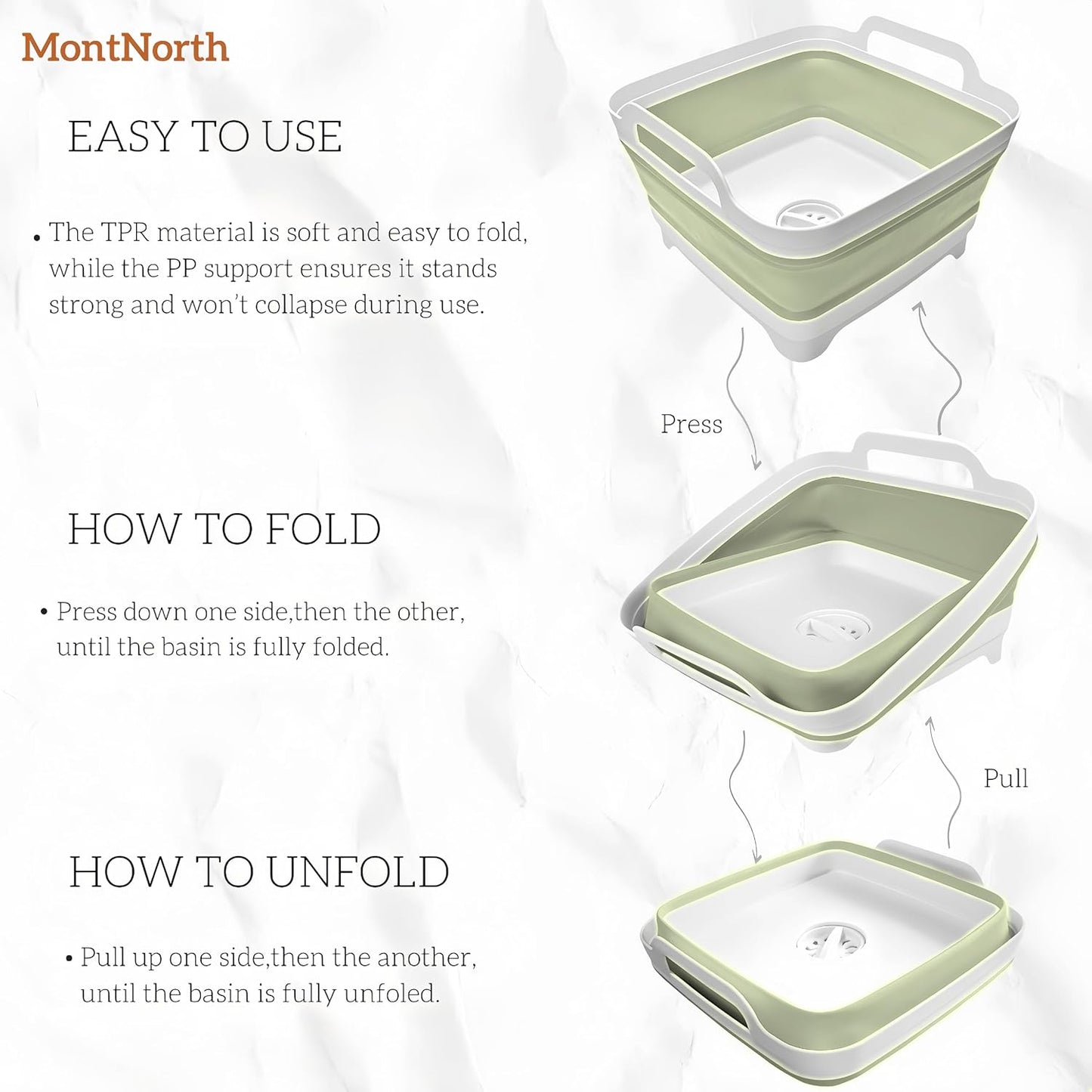 MontNorth Collapsible Wash Basin 9L, Foldable Dish Tub with Drain Plug, Portable Collapsible Dish Basin, Camping Sink for Washing Dishes, Laundry & Kitchen Use,Gray