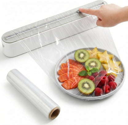 Plastic Wrap Dispenser with Cutter, Includes 100ft of Plastic Wrap, Magnetic Foil and Wrap Organizer for Kitchen, Fits 12" Rolls Up to 1.45" Diameter for Plastic Wrap and Aluminum Foil