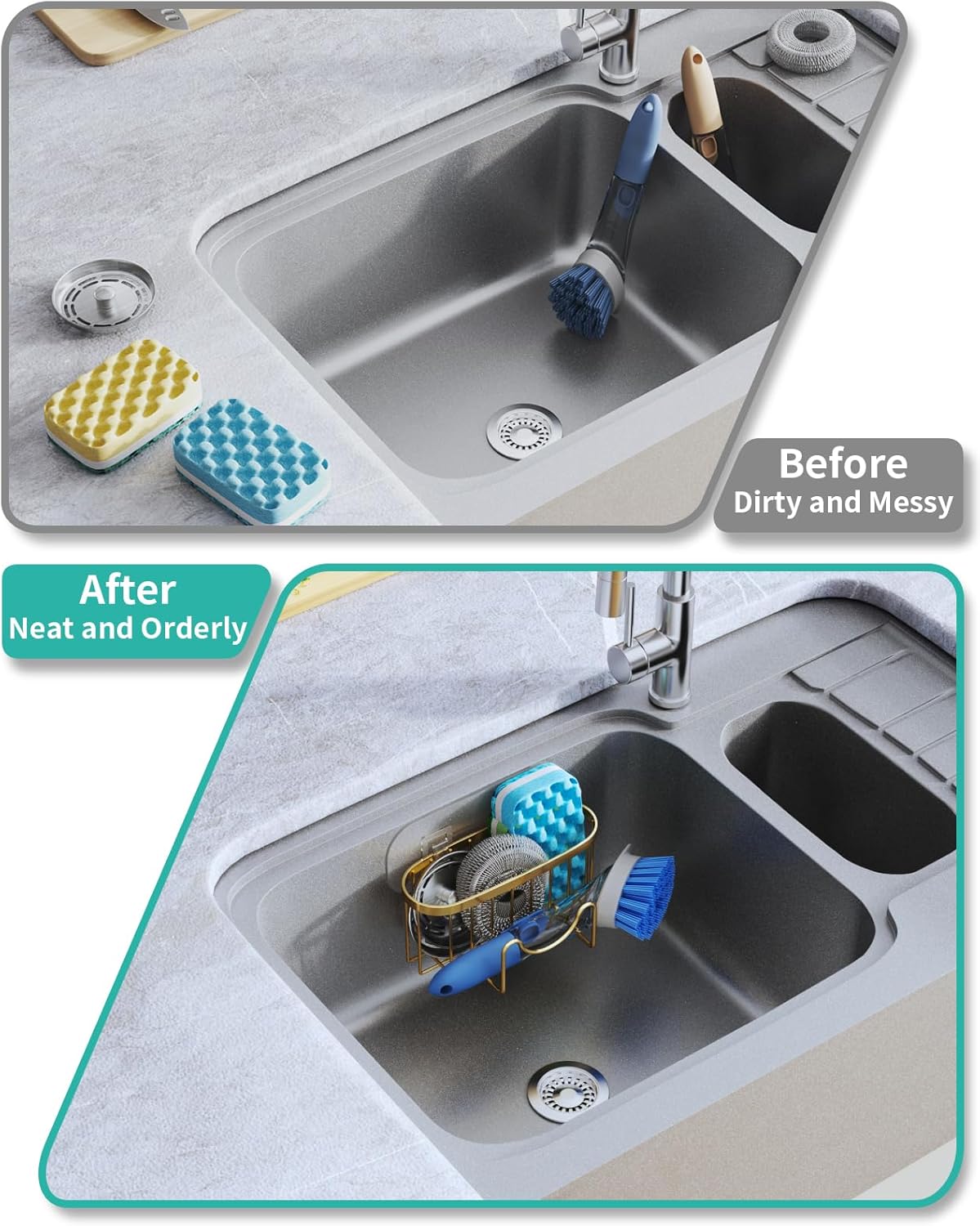 HapiRm Multifunctional Sponge Holder with Unique M-Shaped, 2 Installation Methods Kitchen Sink Caddy Organizer, Rustproof Stainless Steel Kitchen Organizers and Storage Essentials - Black
