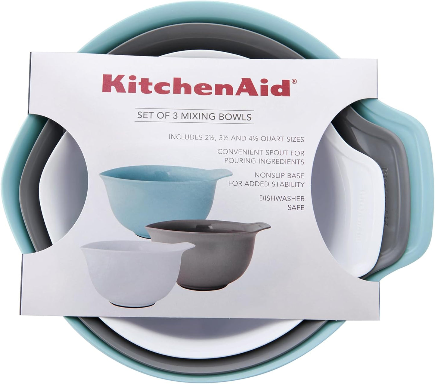 KitchenAid Universal Nesting Plastic Mixing Bowls, Set Of 3, 2.5 quart, 3.5 quart, 4.5 quart, Non Slip Base with Easy Pour Spout to Reduce Mess, Dishwasher Safe, Aqua Sky, White, Gray