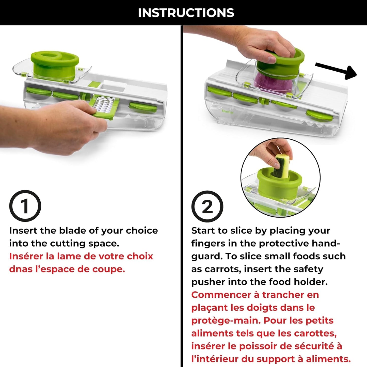 Starfrit Easy Mandoline Slicer, Dicer - 5-Blades and Graters - Straight & Crinkle Blades, Julienne, Grater & Shredder - Self-Feeding Pusher - Catch Base for Storage and Food Container
