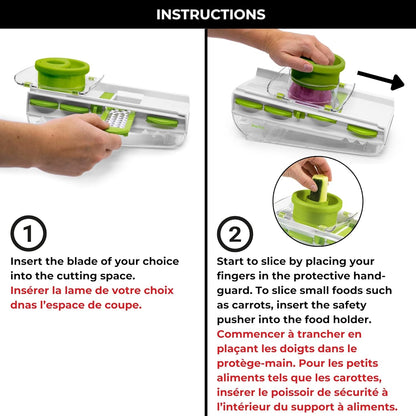 Starfrit Easy Mandoline Slicer, Dicer - 5-Blades and Graters - Straight & Crinkle Blades, Julienne, Grater & Shredder - Self-Feeding Pusher - Catch Base for Storage and Food Container