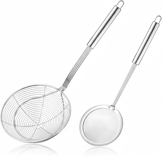 Stainless Steel Spider Strainer, 6.3" Asian Wire Skimmer Ladle for Cooking Frying Food Pasta Spaghetti Noodle Hot Pot, Stay Cool Handle with Hook for Easy Storage, Food Recipe Ebook Included