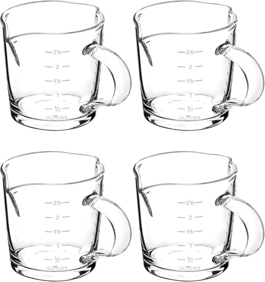 QWORK Espresso Shot Glass with Handle, 4 Pack 3-Ounce Double Spout Glass Measuring Cup Triple Pitcher Milk Cup with Two Scales (OZ&ML)