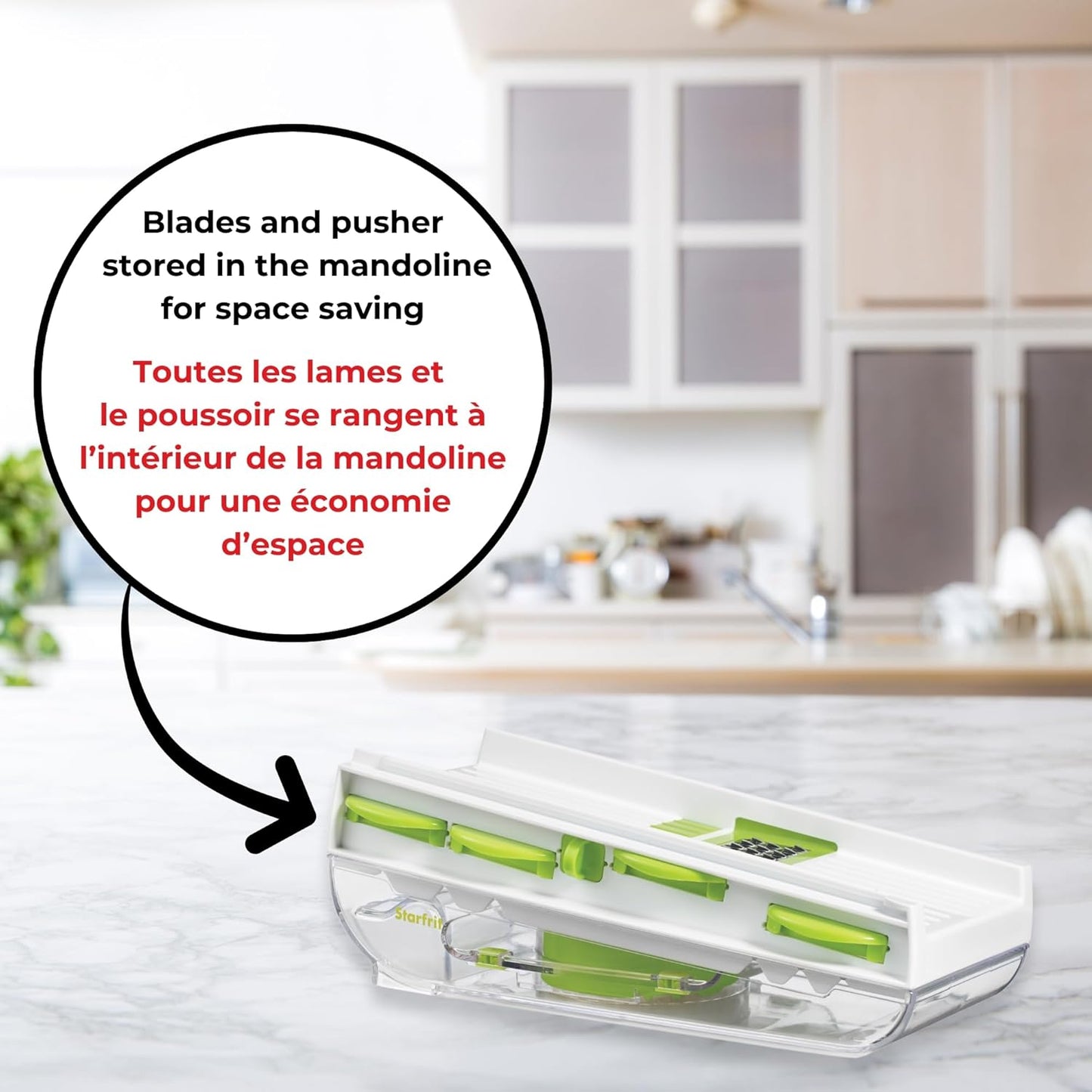 Starfrit Easy Mandoline Slicer, Dicer - 5-Blades and Graters - Straight & Crinkle Blades, Julienne, Grater & Shredder - Self-Feeding Pusher - Catch Base for Storage and Food Container