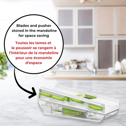 Starfrit Easy Mandoline Slicer, Dicer - 5-Blades and Graters - Straight & Crinkle Blades, Julienne, Grater & Shredder - Self-Feeding Pusher - Catch Base for Storage and Food Container