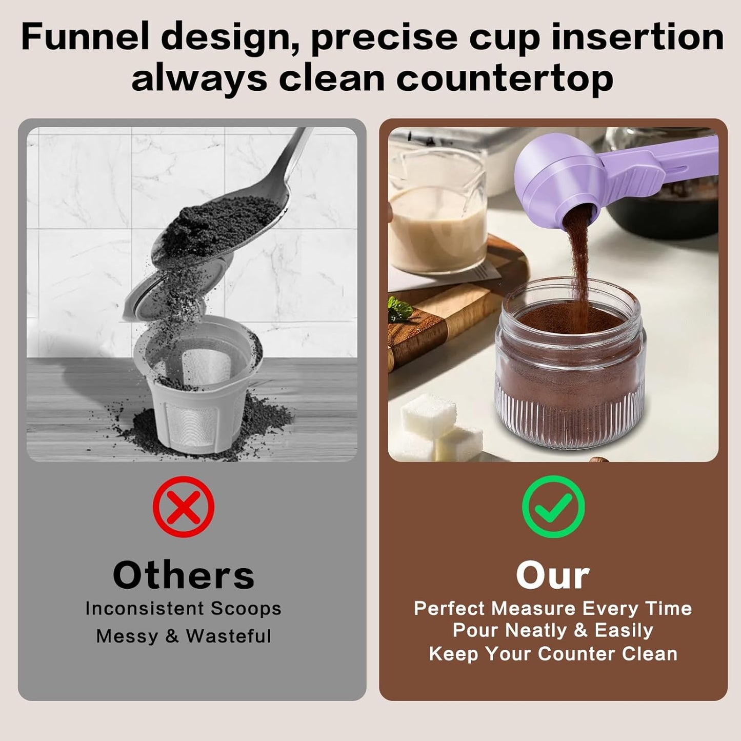 2-in-1 Coffee Scoop with Funnel, 2 Teaspoon Measuring Spoon for Reusable K Cups, Ground Coffee, Protein Powder & Tea, Mess-Free Plastic Design (Pink)