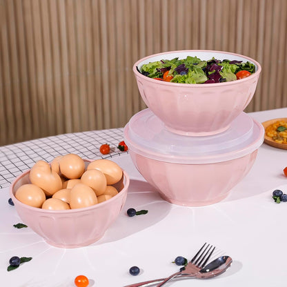 BoxedHome BPA Free Plastic Round Mixing Bowl with Lids, 12 Pack Nesting Bowls with Lids Set, Microwave and Dishwasher Safe Prep & Serving Bowls Great for Mixing, Baking, Serving (Pink, 12pcs)