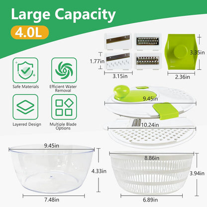 Salad Spinner Large,Vegetables Fruits Wash Bowl, Lettuce Spinner with 4 Blades Slicer,Salad Dryer for Washing