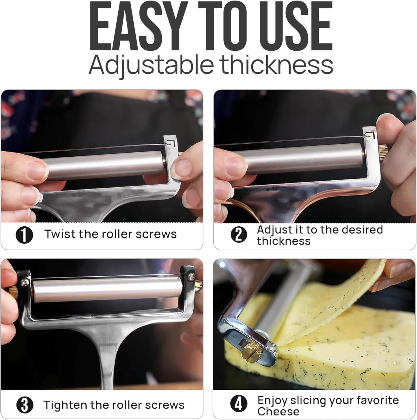 Zulay Kitchen Stainless Steel Wire Cheese Slicer - Adjustable Hand Held Cheese Cutter with 2 Extra Wires - Premium Cheese Shaver For Mozzarella, Cheddar, Gruyere - Cheese Cutter with Wire (Gunmetal)