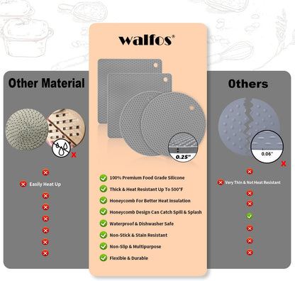 Walfos Silicone Trivet Mats - 4 Heat Resistant Pot Holders, Multipurpose Non-Slip Hot Pads for Kitchen Potholders, Hot Dishers, Jar Opener, Spoon Holder, Food Grade Silicone & BPA Free (Black)