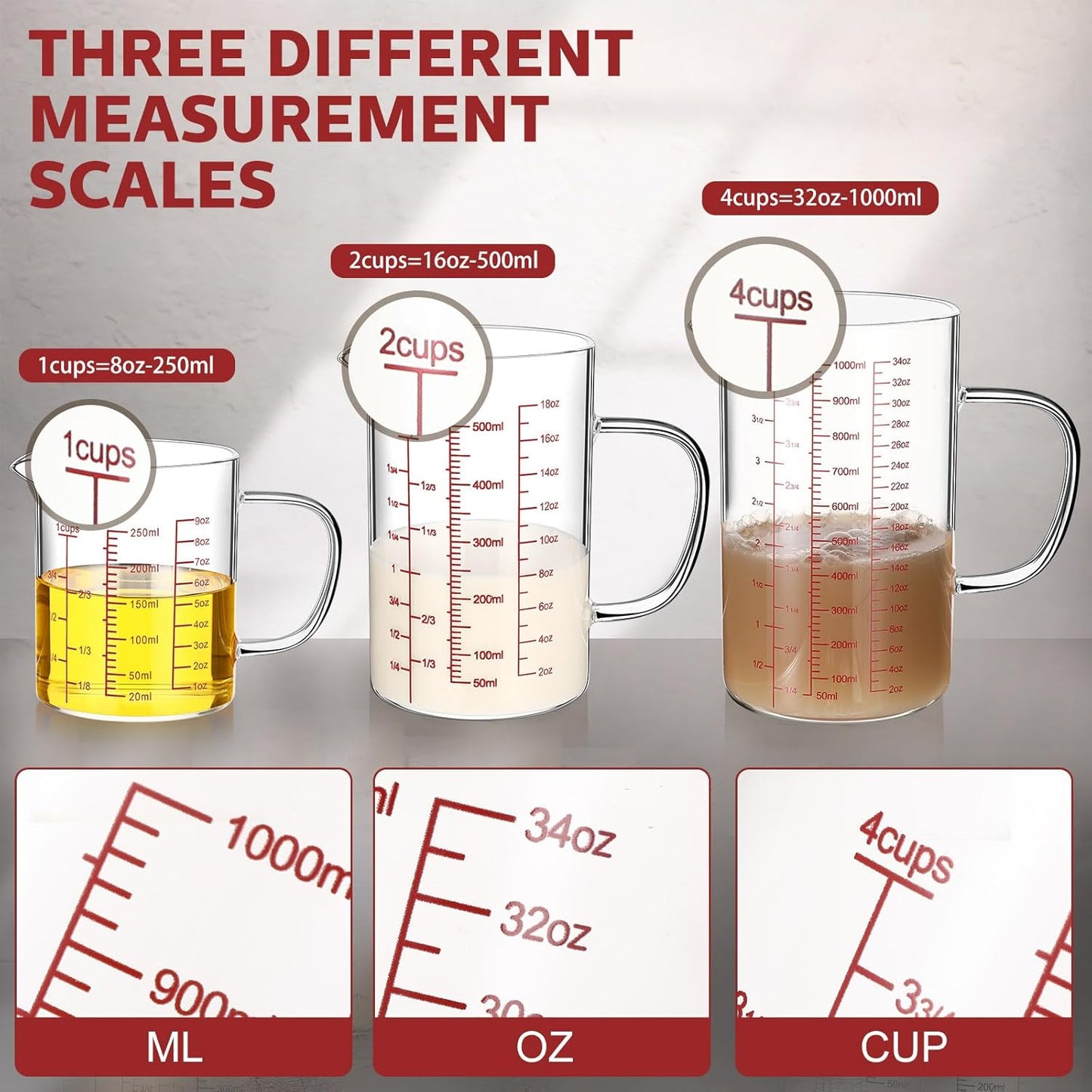 Lallisa 3 Pack High Borosilicate Glass Measuring Cups Set with Handle V Shaped Spout, 4, 2, 1 Cup 3 Scales (Oz, Cup, Ml) for Kitchen Restaurant Baking Cooking, Easy to Read, Clear(White Scale)