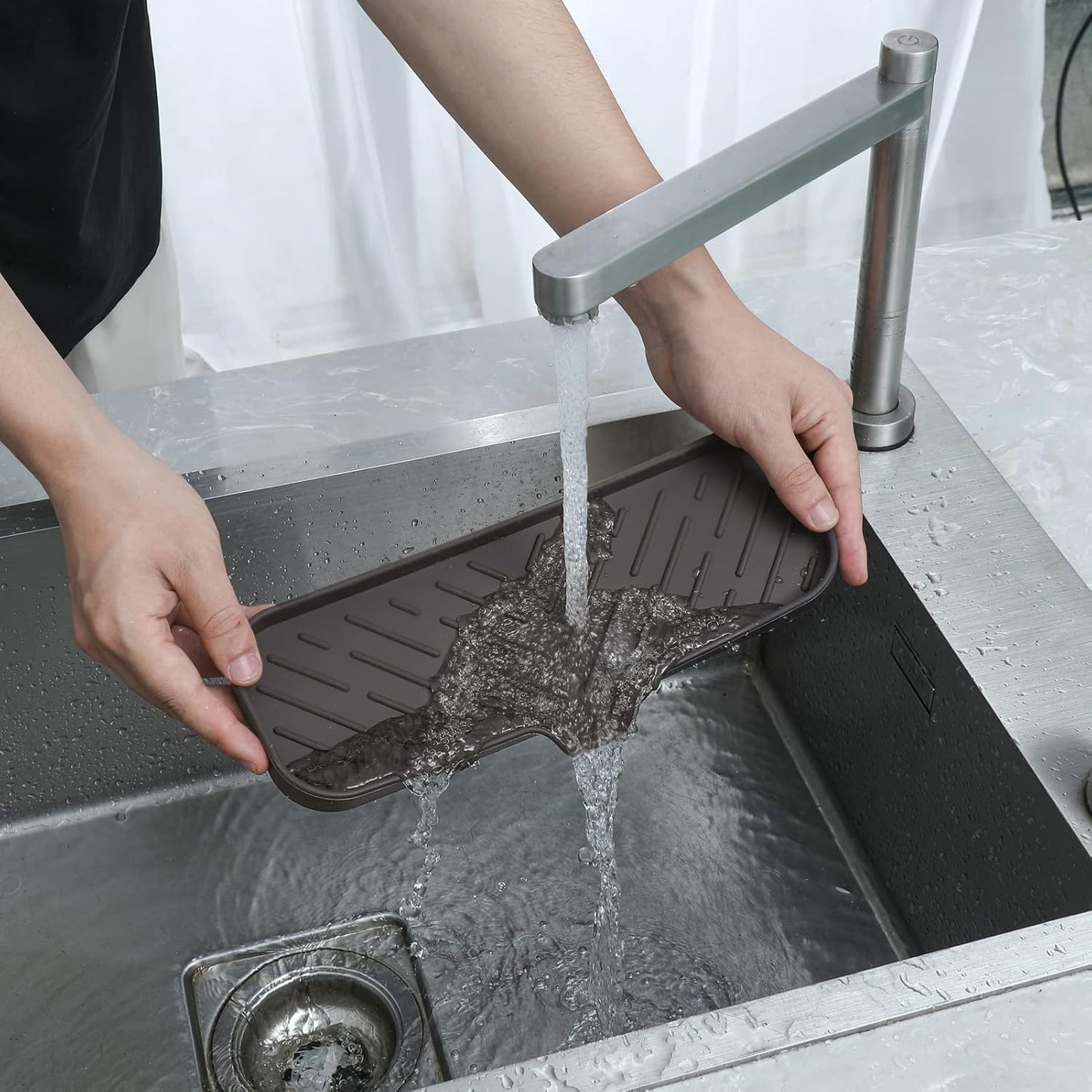 MicoYang Silicone Soap Dish with Drain Spout, Self-Draining Sink Organizer Tray for Bathroom and Kitchen, Sponges, Dispensers and Soap Holder, Non-Slip and Dishwasher Safe, Black (Compact, 4.9"×3.2")