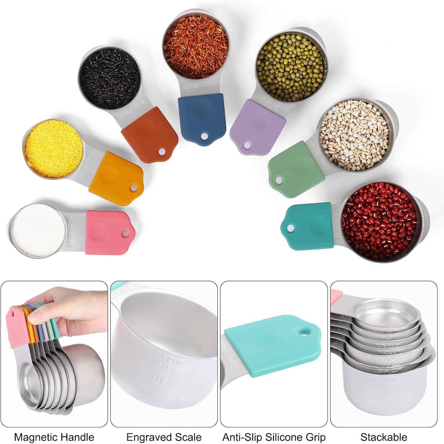 Magnetic Measuring Cups and Spoons Set, 17 Pcs Stainless Steel Measuring Cups and Spoons set for Measure Dry Liquid Ingredients with 7 Measuring Cup 8 Metal Spoon 1 Leveler 1 Funnel Colored