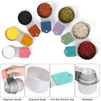 Magnetic Measuring Cups and Spoons Set, 17 Pcs Stainless Steel Measuring Cups and Spoons set for Measure Dry Liquid Ingredients with 7 Measuring Cup 8 Metal Spoon 1 Leveler 1 Funnel Colored