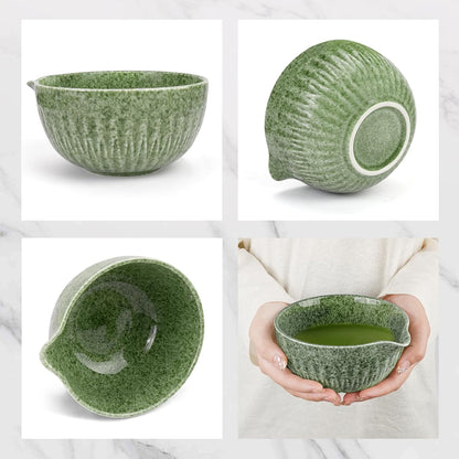 Joiish Matcha Whisk Set, Matcha Kit 10-Pcs, Bamboo Whisk and Ceramic Bowl with Spout & Measuring Spoon & Cup, Japanese Ceremony Matcha Tea Powder Making Tools, Light Green