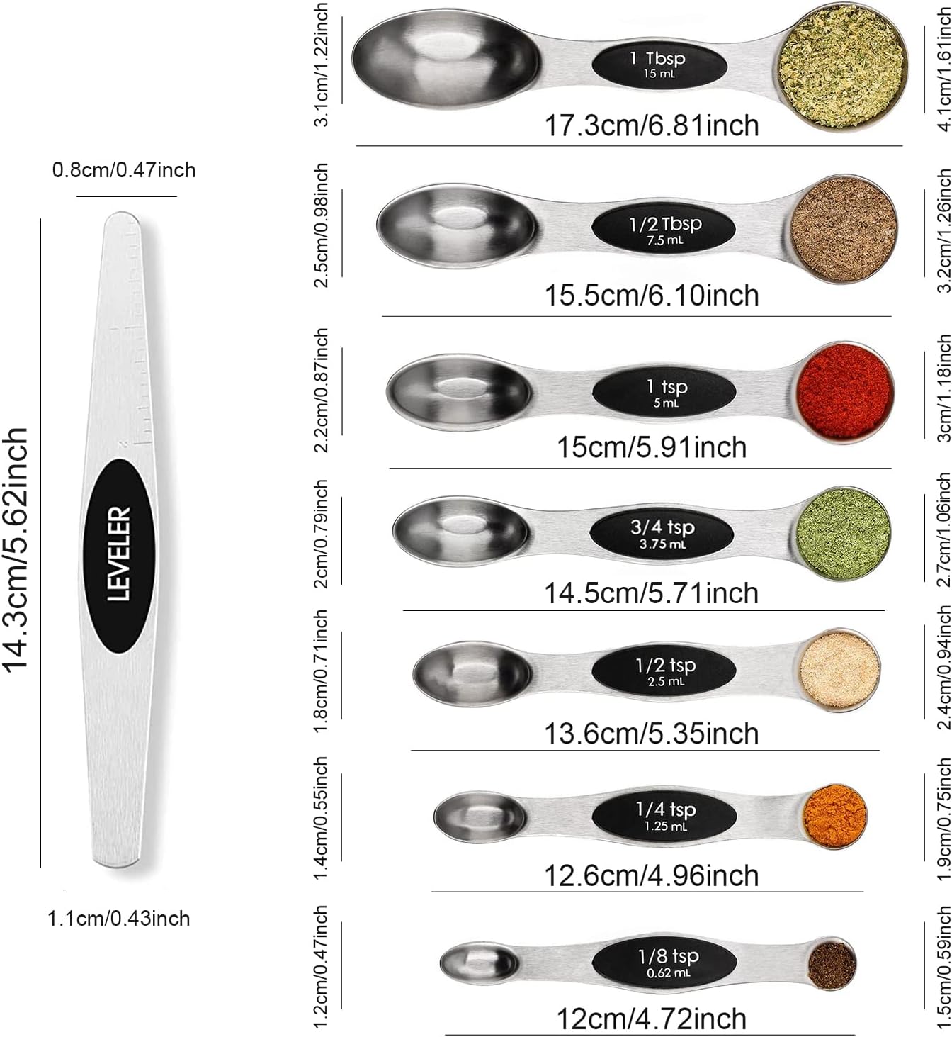 Magnetic Measuring Spoons Set Stainless Steel with Leveler, 8pcs Multicolors Measuring Cups Set for Baking, Measuring Cups and Spoon Set Kitchen Gadgets Apartment Essentials Fits in Spice Jars