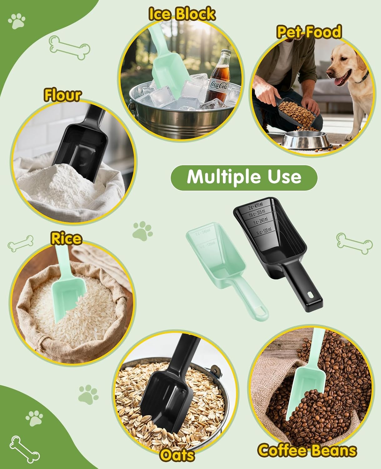2 Pack Dog Food Scoop with 1 Cup and 2 Cup Capacity, Plastic Pet Food Measuring Scoops with Clear Measurement Lines for Dogs, Cats & More,Dishwasher safe (Green and Black)