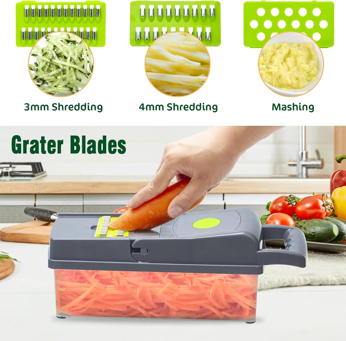 Multifunction Vegetable Chopper, 8 Blades Vegetable Slicer, Onion Chopper Cutter Dicer Egg Separator Grater Slicer with Push Button, Hand Guard, Large Capacity Container