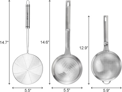 3 Pieces Spider Strainer Skimmer Spoon Set, Fine Mesh Stainless Steel Sieve Food Strainers, Large Hole Slotted Colander Frying Spoons, Strainer Ladle Wire Skimmer Spoon with Handle for Kitchen
