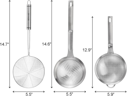 3 Pieces Spider Strainer Skimmer Spoon Set, Fine Mesh Stainless Steel Sieve Food Strainers, Large Hole Slotted Colander Frying Spoons, Strainer Ladle Wire Skimmer Spoon with Handle for Kitchen