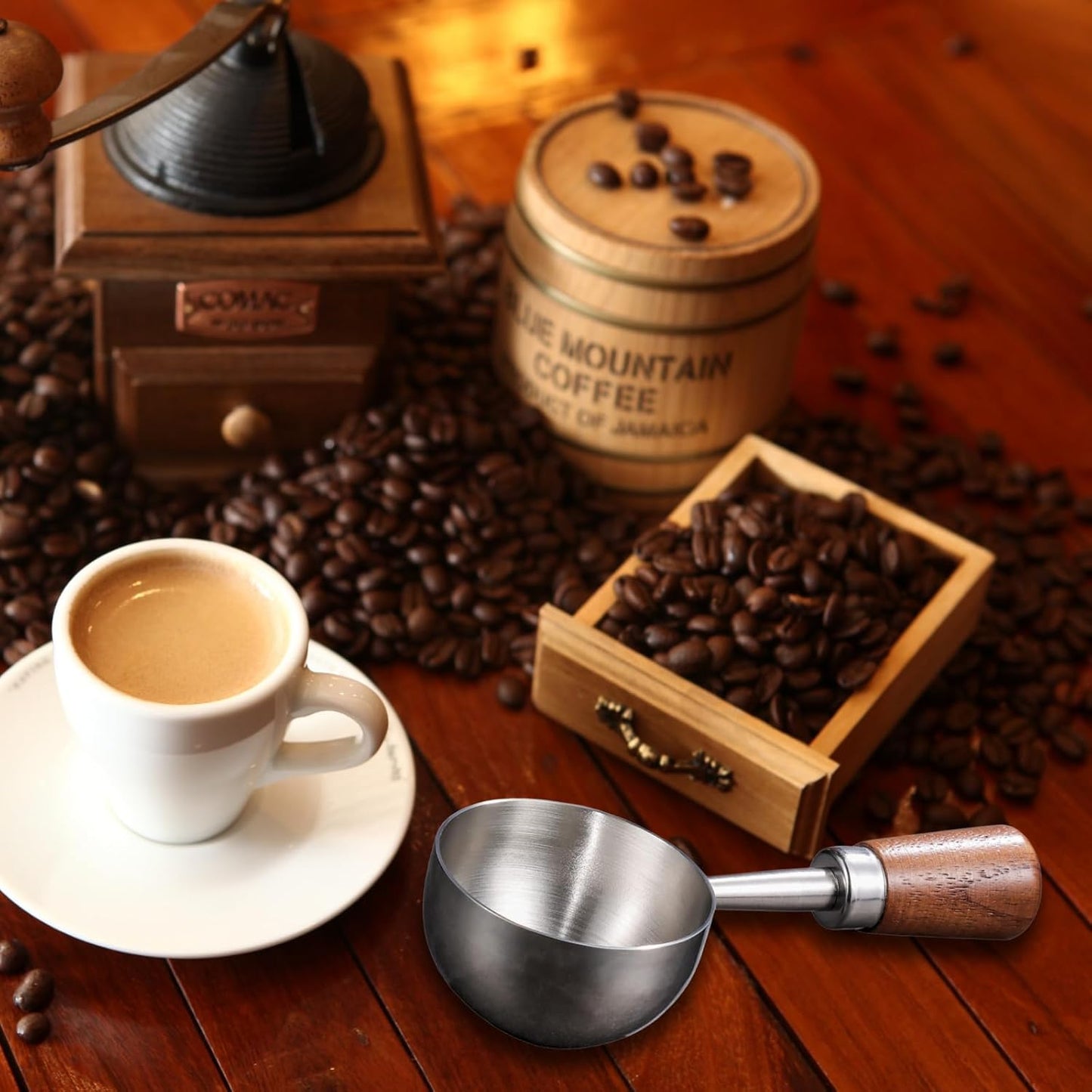 Vintage Coffee Scoop 10g/30ml Capacity Retro 304 Stainless Steel Coffee Measuring Spoon Walnut Wooden Handle Coffee Scoop Kitchen Utensil for Measuring Scooping Tea Coffee Spices (Short Handle)
