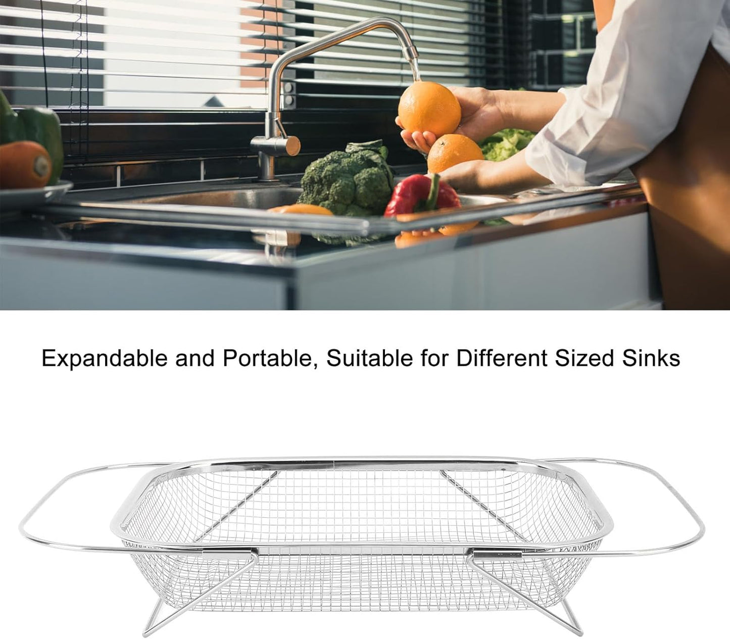 Over the Sink Colander, Expandable Baskets with Fine Mesh Strainer Handle Stainless Steel Rectangle Kitchen Colanders for Strain Drain Rinse Fruits Vegetables Pasta New Home Essentials (Gold)