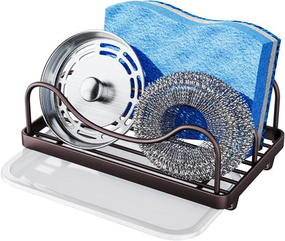 Consumest Sponge Holder for Kitchen Sink - Movable Sink Caddy for Countertop Organizer, 304 Stainless Steel Sponge Holder with Detachable Drip Tray for Kitchen Accessories-Silver