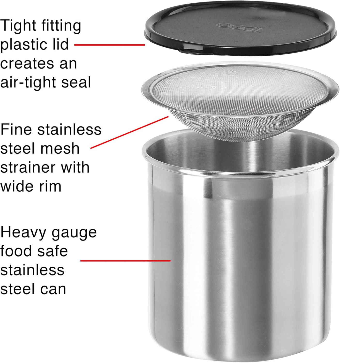 Oggi Stainless Steel Jumbo Grease Container with Removable Strainer and Snug Lid. Perfect container for fryer oil, bacon drippings, lard and ghee oil. Large capacity can - 1 Gall / 4 Qt / 3.75 Lt