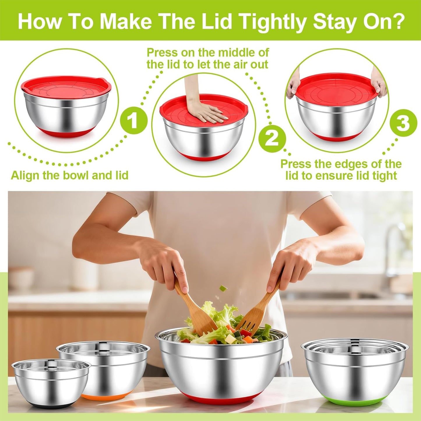 TeamFar Mixing Bowls, Black Mixing Bowls with Lids Set, Stainless Steel Nesting Salad Bowl with Air-tight Lid & Silicone Bottom, Non Slip & Stackable - Set of 6-4.6/2.6/2 / 1.5/1 / 0.7 Qt