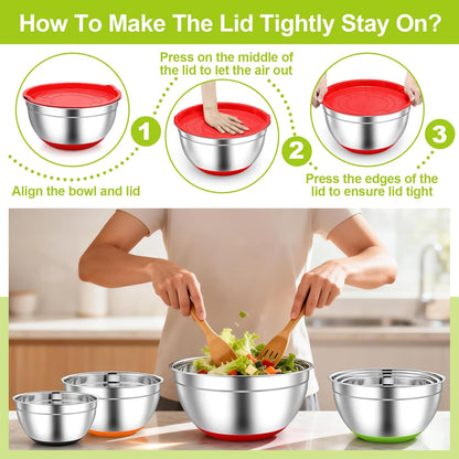 TeamFar Mixing Bowls, Black Mixing Bowls with Lids Set, Stainless Steel Nesting Salad Bowl with Air-tight Lid & Silicone Bottom, Non Slip & Stackable - Set of 6-4.6/2.6/2 / 1.5/1 / 0.7 Qt