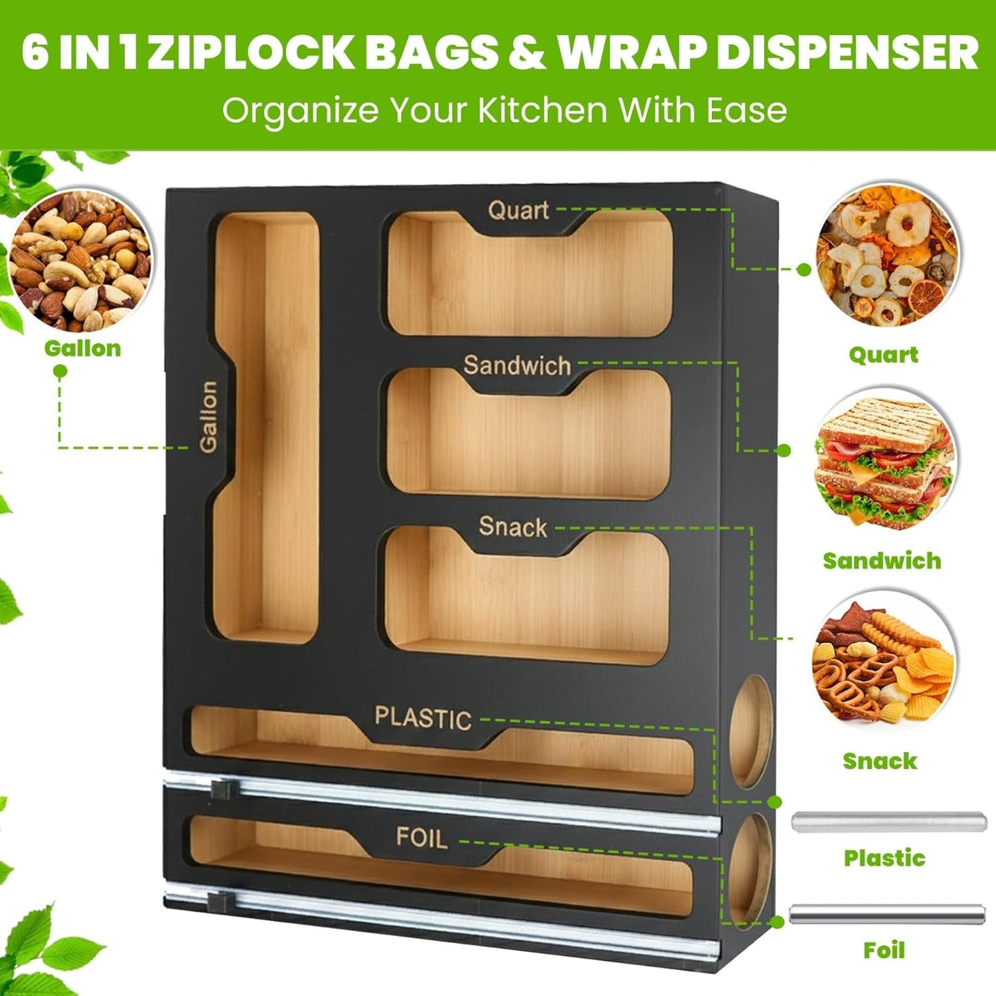 6-in-1 Ziplock Bag Organizer & Plastic Wrap Dispenser with Cutter, Kitchen Drawer Organizer for Food Storage Bags, Foil, Plastic Wrap, Parchment Paper Bamboo Bag Organizer
