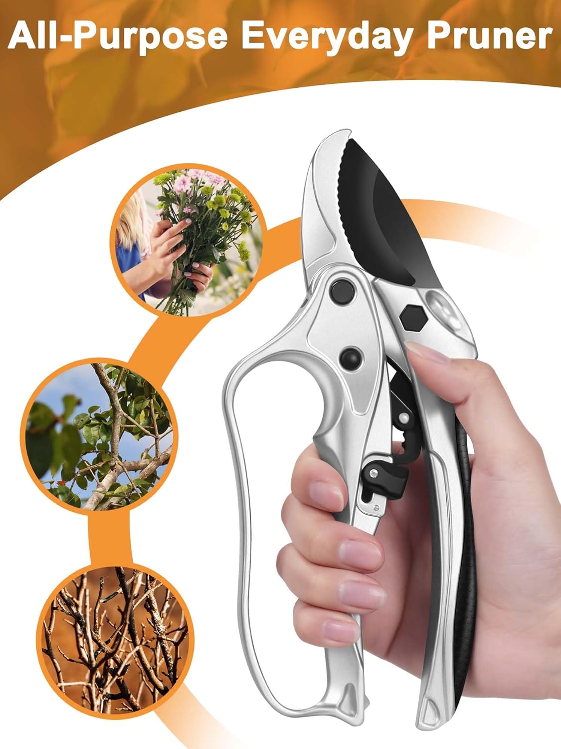 6.7" Lightweight Pruning Scissors, Garden Snips with Straight Stainless Steel Blades and Needle Point Tip, Gardening Trimmers for Flower stems, Herbs, Small Plants, Buds
