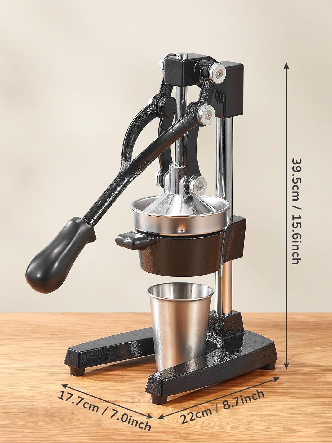QCen Professional Cast Iron Manual Juicer, Heavy Duty Citrus Press with Stainless Steel Strainer, Easy-to-Clean Hand Squeezer for Orange, Lemon, Lime and Grapefruit - Black (Black)