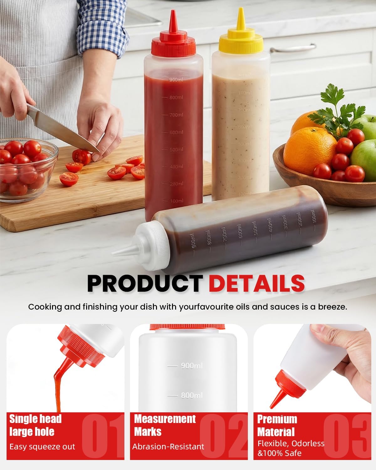 Multicolor Food-Grade Squeeze Bottles Set-Condiment Dispensers for Kitchen, BBQ, Sauces, Dressings, & Meal Prep (32oz)