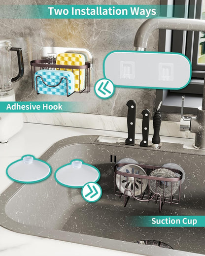 HapiRm Multifunctional Sponge Holder with Unique M-Shaped, 2 Installation Methods Kitchen Sink Caddy Organizer, Rustproof Stainless Steel Kitchen Organizers and Storage Essentials - Black